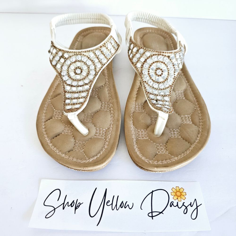 Womens Ashley Blue Comfort Rhinestone Slingback Thong Sandals White Gold Size 9